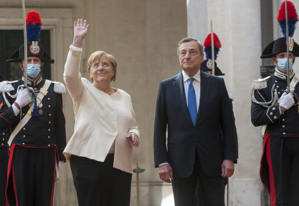 Il Presidente del Consiglio Mario Draghi incontra Angela Merkel a Palazzo Chigi