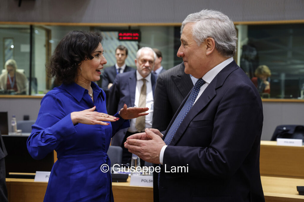 Belgium's Minister for Foreign Affairs Hadja Lahbib and Italy's Minister for Foreign Affairs Antonio Tajani at Europa Building attends a EU Foreign Affairs Council - CAE in Bruxelles, Belgium, 20 March 2023.