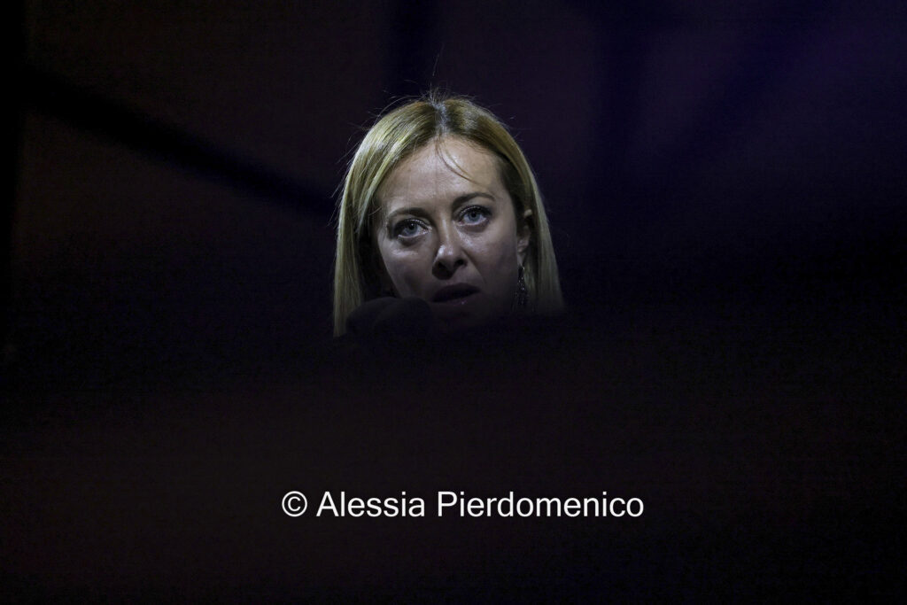 Giorgia Meloni, leader of Brothers of Italy party, speaks during a general election campaign rally by right-wing coalition made up of Brothers of Italy, Forza Italia, and League parties, in Rome, Italy, on Thursday, Sept. 22, 2022.